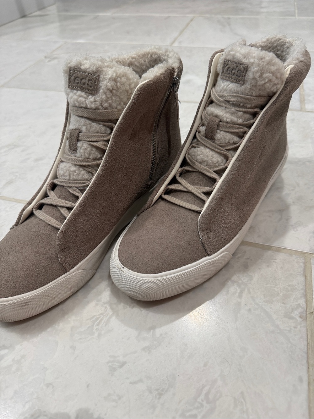 Keds Taupe Suede High-Top Sneakers with Shearling Collar
